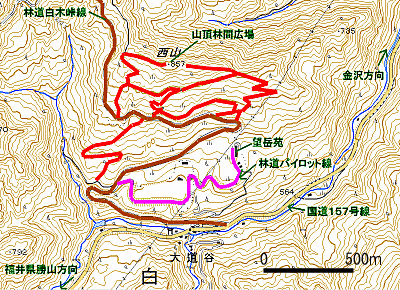 白峰西山ハイキングコースの地図